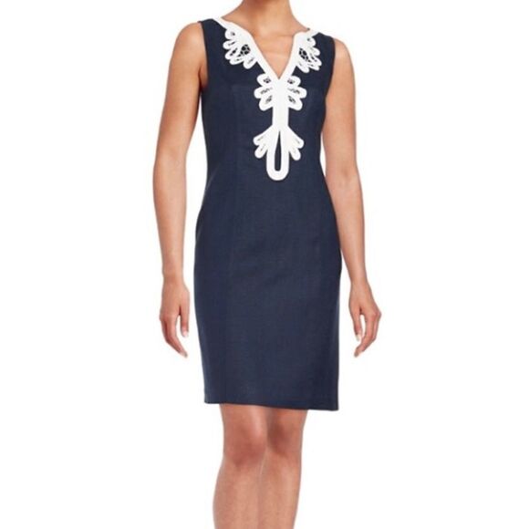 Eliza J Linen Embroidered Neck Sheath Dress Sz. 8 - Picture 1 of 8